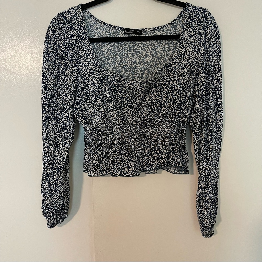 Blue Floral Shirred Waist, Square Neck Blouse
